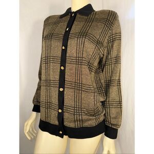 Vintage 90’s Eccobay Plaid Button Front Cardigan Sweater Collared Brown Black Me